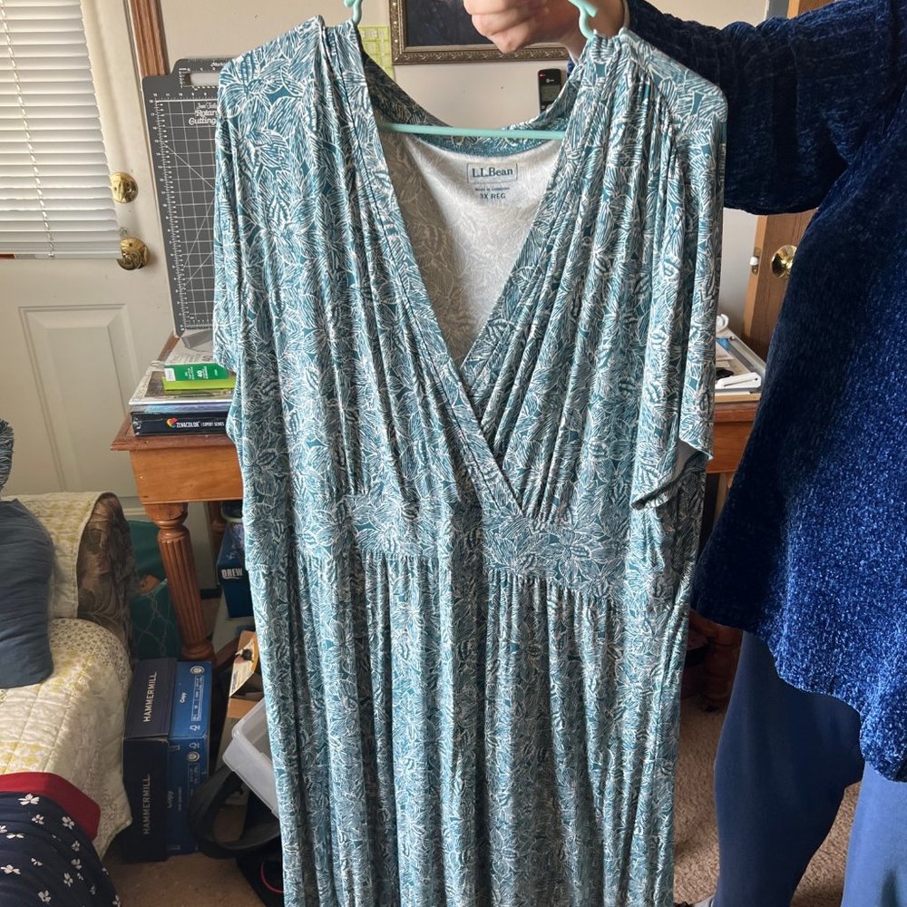 L.L. Bean Teal Leaf Pattern Faux-Wrap Dress